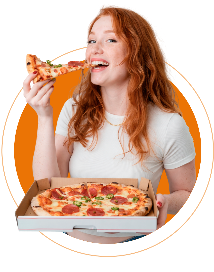 Woman holding a pizza slice