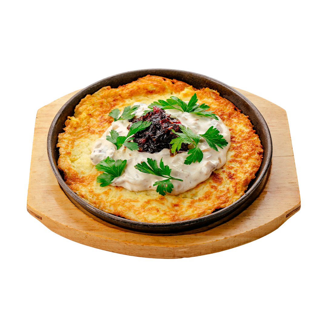 Дерун с грибным соусом и луковым конфитюром